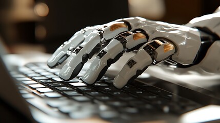 Robotic Hand on Laptop Keyboard, A close-up view of a robotic hand resting on a laptop keyboard