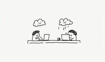 Fototapete - The doodle stick figure illustrates businessmen swapping files between their respective laptops