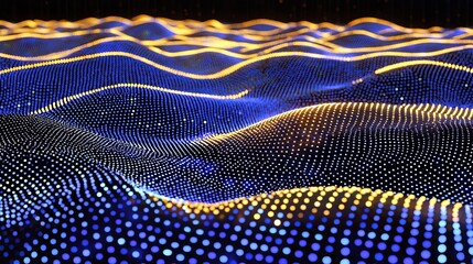 Poster - A dark background features a futuristic pattern of dots, accompanied by a colored music wave and big data digital code, forming a technology or science banner in 3D rendering