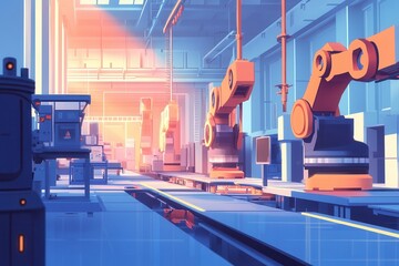 Poster - a futuristic factory using robotic arms and ai to produce goods efficiently. a futuristic laboratory