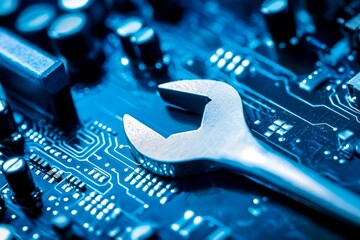 Poster - Maintenance, as represented by a sign and tools including a wrench and screwdriver, is a key aspect of the technical support concept for fixing tech issues