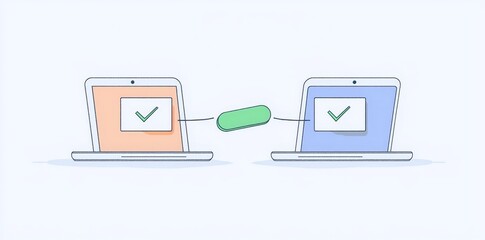 Fototapete - The idea of sharing files is represented by data transfer, ftp file receiver, and backup on a laptop screen, as well as transferring files between notebooks