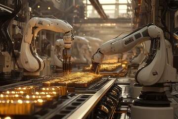 Poster - a futuristic factory using robotic arms and ai to produce goods efficiently. a futuristic laboratory