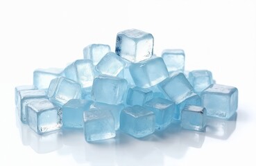 Poster - Heap of crushed ice cubes, melting slightly on white background. Glace frozen water, blue, crystal, liquid, transparent material. Cold refreshment. Arctic, winter coolness concept.