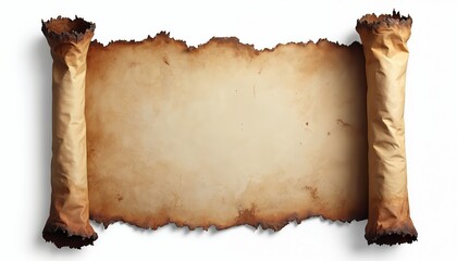 Poster - Aged parchment scroll with charred edges. Vintage paper texture background whispers of forgotten times. Blank canvas perfect for historical tales, mysteries, or vintage documents.