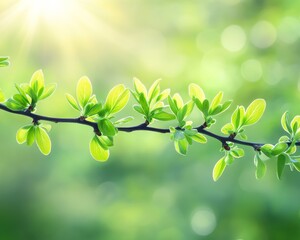 Wall Mural - Spring Awakening. Delicate, Translucent, Young Green Leaves Sprouting on Branch with Sunbeam