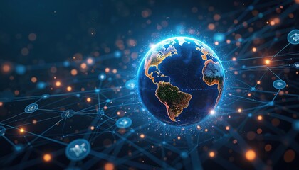 Poster - Global communication network concept with Planet Earth in cyberspace. Futuristic design with interconnected nodes. Perfect solution, software, telecom, science, tech, innovation, business, worldwide
