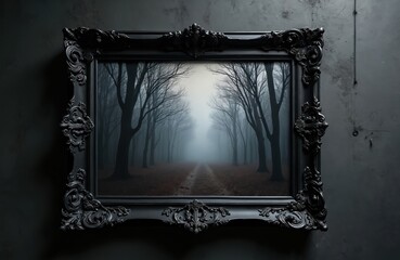 Poster - Gothic style black frame with foggy dark forest scenery inside, hanging on textured wall. Vintage ornate design with spooky setting, ideal for Halloween themes.