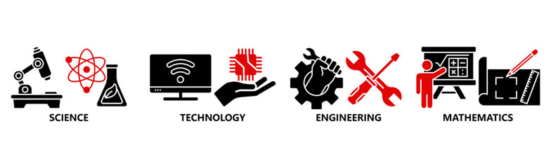 STEM banner web icon vector illustration concept for science, technology, engineering, mathematics education with icon of flask, microscope, artificial intelligence, processor, machine, and calculato
