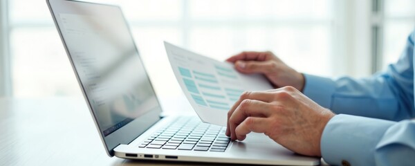 Aufkleber - Businessman checks company finances, types on laptop. Financial report, data review. Man works in office, analyzes market, uses technology for business, economic growth, success. Investment strategy.