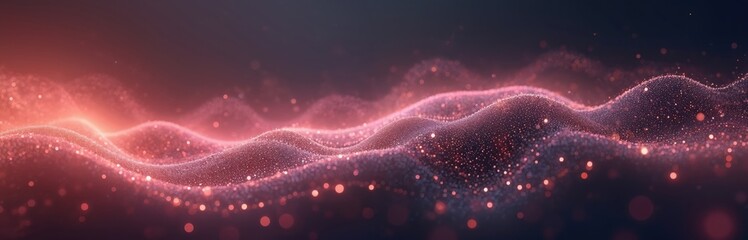 Poster - Abstract tech wave with flowing particles connection. Lots of lines on dark background. Futuristic corporate concept. Glowing fractal pink waves and dots.