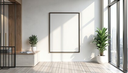 Poster - Modern office interior with blank frame, plant, black gold divider large window city view. Minimalist bright room with wood floor, decoration and furniture.