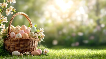 Poster - A wicker basket filled with pastel colored Easter eggs resting on fresh green grass with a blurred spring garden in the soft natural background lighting
