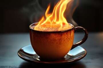 Wall Mural - Steaming cup of coffee with flames rising above in a cozy setting during early morning hours