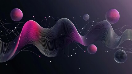 Aufkleber - Abstract wave, network, spheres, dark background, digital art, website banner