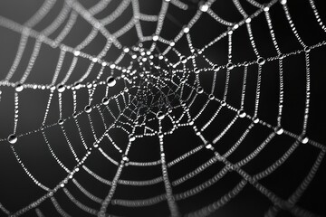 Poster - An intricate spiderweb adorned with glistening dew drops, creating a mesmerizing pattern against a dark background, evoking mystery and fragility in nature's artistry.