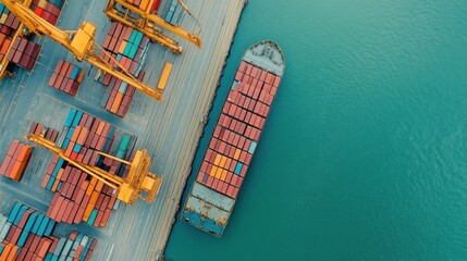 Poster - Aerial view Cargo ship docking, container port, global trade