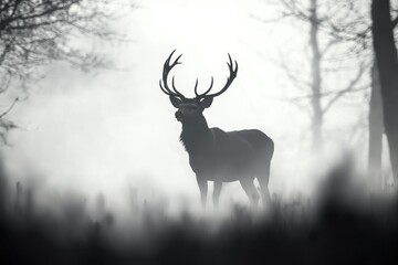 mysterious and majestic stag stands in a foggy forest, its antlers silhouetted against the soft diff
