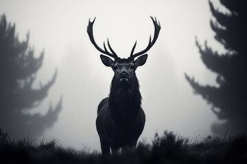 a majestic stag stands proudly in a misty forest, its antlers silhouetted against the soft, diffused