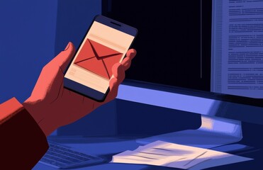 Fototapete - The file transfer concept is illustrated in a modern depiction of a hand holding a smartphone and transferring files and a folder to a computer