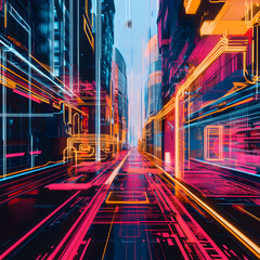 Fototapete - Digital Cityscape: Explore a futuristic digital landscape, with towering structures and intricate neon pathways, illustrating the seamless flow of data and information.