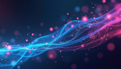 Poster - Modern hi-tech design with wavy colorful pattern in blue and purple. Bright shiny abstract tech illustration with light glowing and refracted particles.
