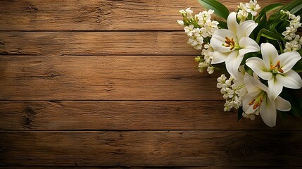 Poster - A stunning close up photograph of a single white lily placed on a rustic wooden backdrop symbolizing purity and new beginnings  The flower is positioned off center