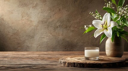 Poster - Solitary white lily placed on a rustic wooden background the flower s pure pristine petals symbolizing purity resurrection and spiritual renewal  Positioned off center to provide clean