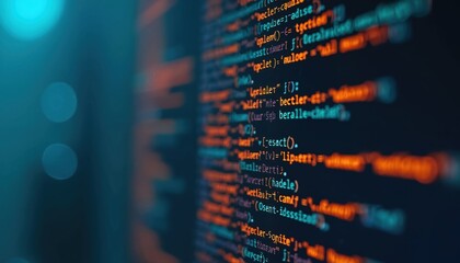 Poster - Close-up of computer code on screen, displaying advanced software development and coding skills. Dark background features blue glow. Generative AI, application, cyber security technologies.