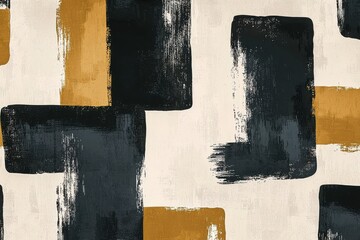 Poster - Abstract painting of geometric shapes in black, yellow, and white, creating a modern and textured design, suitable for various creative and decorative applications.