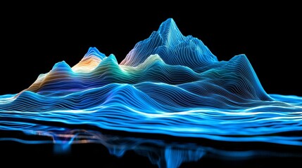 Poster - The background is an abstract 3D rendering of a blue digital landscape mountain with a flare, glittering light, a shining beam, and an added dust particle effect
