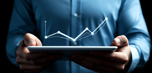 Poster - A businessman utilizes a digital tablet while indicating global network connections set against a blue innovation tech background with computer code, symbolizing futuristic internet technology and