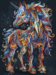  A beautiful, detailed illustration of an ornate and intricately designed horse, with vibrant colors and patterns that create depth and texture on the dark background. 