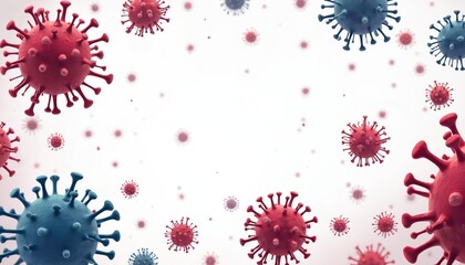 Aufkleber - Red, blue virus. Backdrop of viral cells spreading. Microscopic view, infectious disease, covid, flu viruses. Scientific, medical concept, vaccine research. Backdrop for healthcare, pharmaceutical