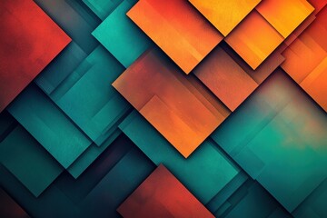 Poster - An artistic arrangement of teal and orange overlapping squares creates a visually dynamic, abstract background with a subtle textured surface and depth.