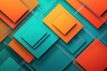 Poster - An abstract background with overlapping squares of orange and teal, creating a modern, geometric design with subtle shadows and thin line details for depth.
