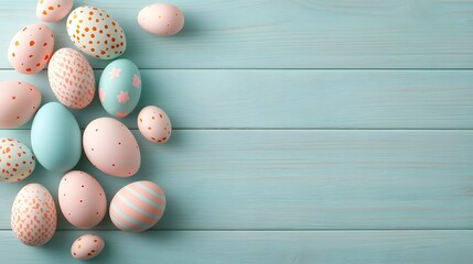 Poster - Beautifully arranged pastel colored Easter eggs displayed in a soft gradient pattern on a light wooden surface with gentle lighting creating a clean minimalist copy space