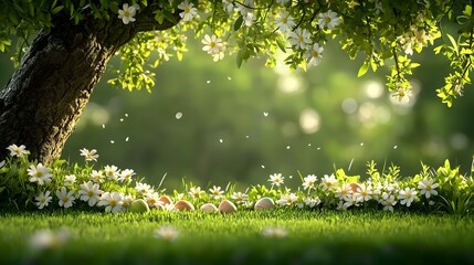 Poster - A lush and vibrant spring meadow filled with scattered Easter eggs with soft sunlight filtering through the trees to create a dreamy