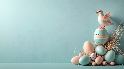 Poster - Minimalist and Elegant Easter Themed Wallpaper Featuring a Single Decorated Egg on a Smooth Pastel Background with Clean Copy Space