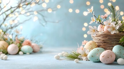 Poster - Dreamy abstract Easter wallpaper design featuring blurred twinkling fairy lights and softly colored egg a captivating and serene atmosphere for holiday overlays and designs