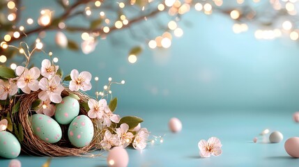 Poster - dreamy and abstract easter wallpaper design featuring blurred twinkling fairy lights and softly colo
