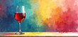 © Pete - Watercolor painting features red wine glass, with bright colourful background. Artwork for paint and sip event, art class, or wine tasting. Alcohol beverage in crystal glass on table.