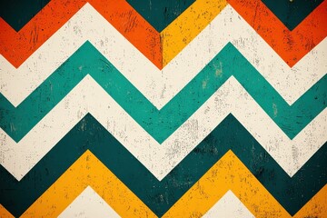 Poster - Retro zigzag pattern with orange, teal, yellow and beige colors, reminiscent of vintage designs, a textured geometric background with sharp chevron shapes and grunge finish.