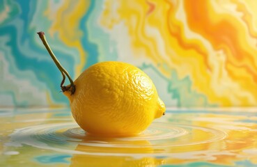 Poster - Vibrant yellow lemon on colourful abstract swirl background. Citrous fruit in water with light splash, artistic fresh juicy summer still life. Dynamic composition.