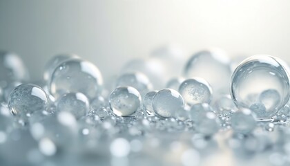 Poster - Water bubbles float gracefully against pale background. Transparent liquid spheres. Serene purity, freshness. Clean fluid hydration. Environmental element. Refreshing still life smoothing photo,