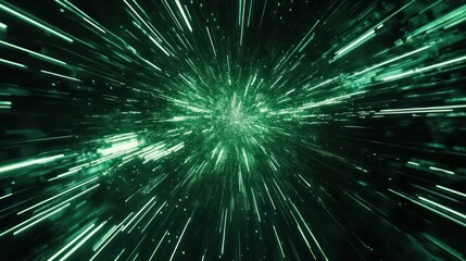 Poster - green light streaks, digital space, fast motion, background particles, website backdrop