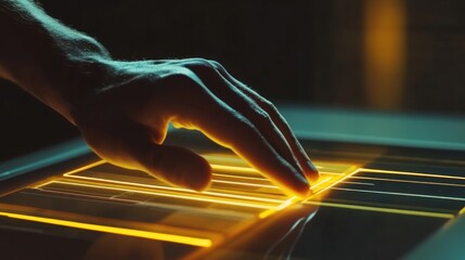 Poster - Hand interacts with glowing tablet, dark background, futuristic interface