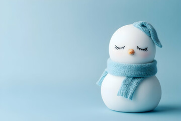 Poster - sad snowman with closed eyes and a scarf on, against a light blue background