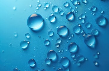 Poster - Group of water droplets on blue surface. Transparent hydrating fluid with clear surface, moisture and condensation. Purity and freshness concept, abstract nature background for wallpaper.