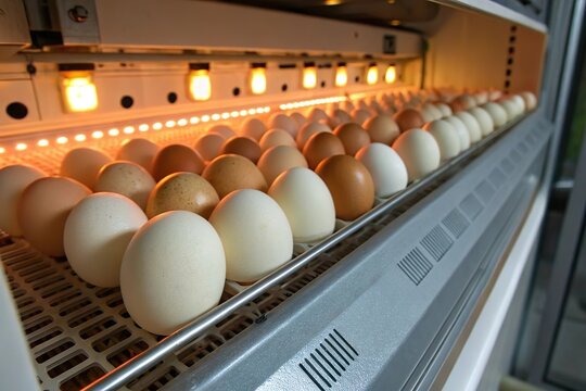 Eggs inside incubator under warm light. Hatching and poultry farming